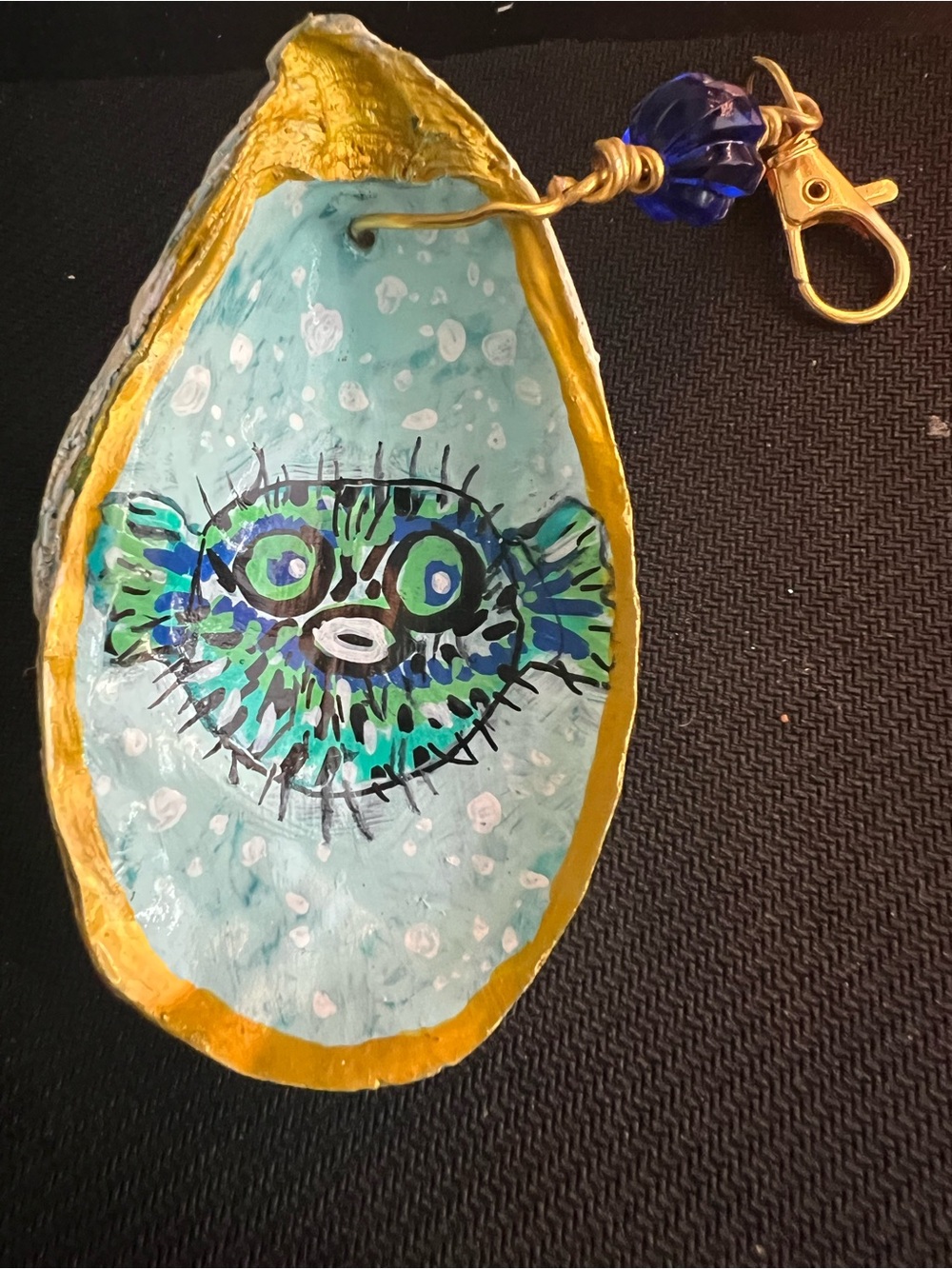 Hand-Painted Blue & Gold Pufferfish Oyster Shell purse charm